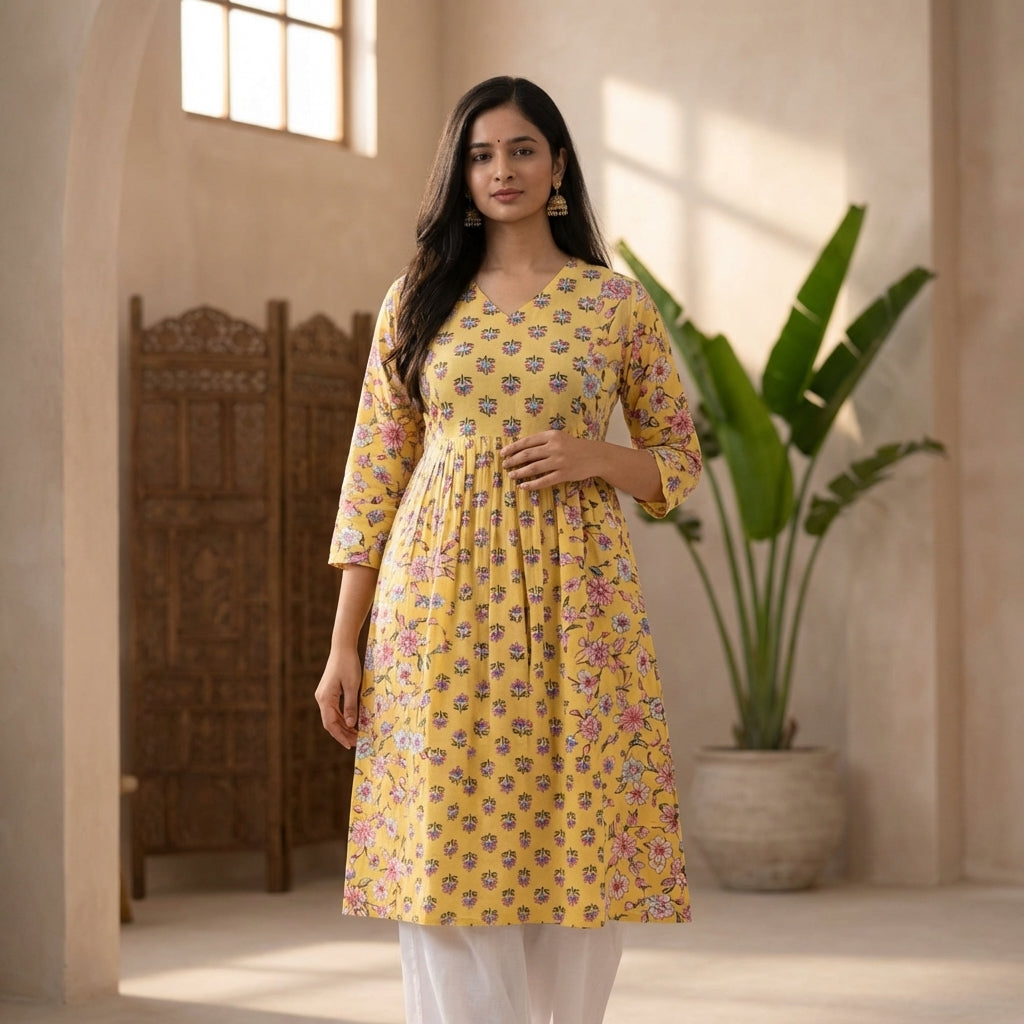 Women’s Floral Printed Cotton Kurti | Yellow V-Neck A-Line Kurta