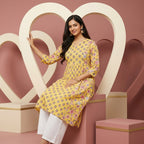 Women’s Floral Printed Cotton Kurti | Yellow V-Neck A-Line Kurta