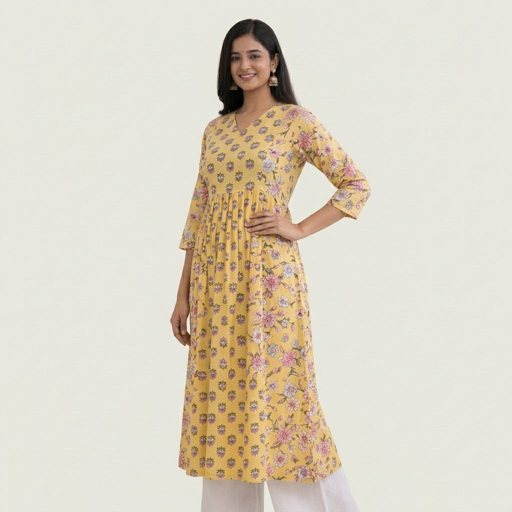 Women’s Floral Printed Cotton Kurti | Yellow V-Neck A-Line Kurta