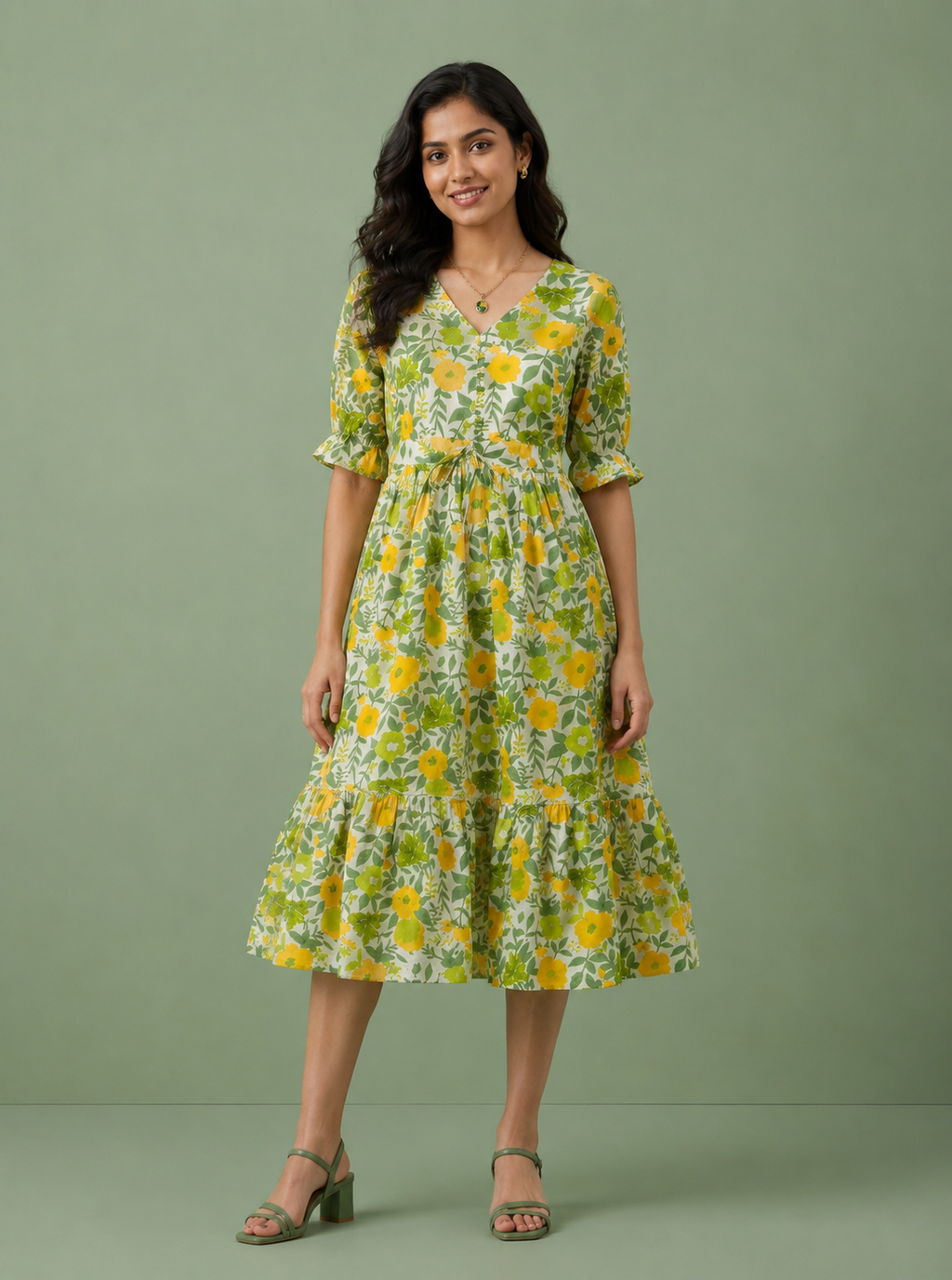 Yellow Floral Cotton Middy Dress