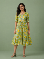 Yellow Floral Cotton Middy Dress