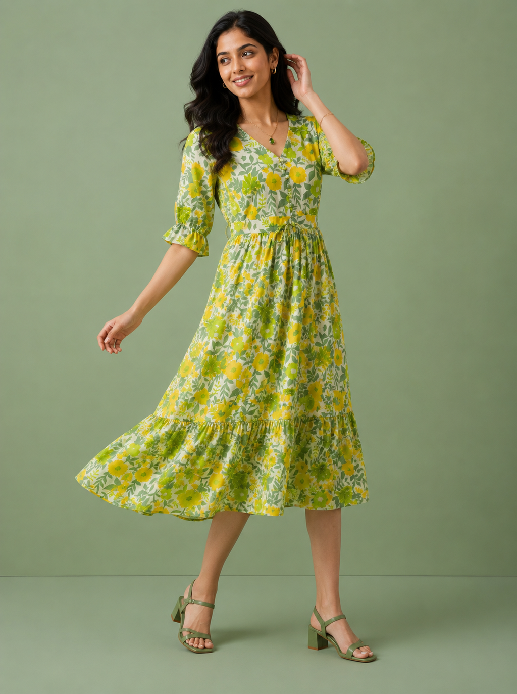 Yellow Floral Cotton Middy Dress