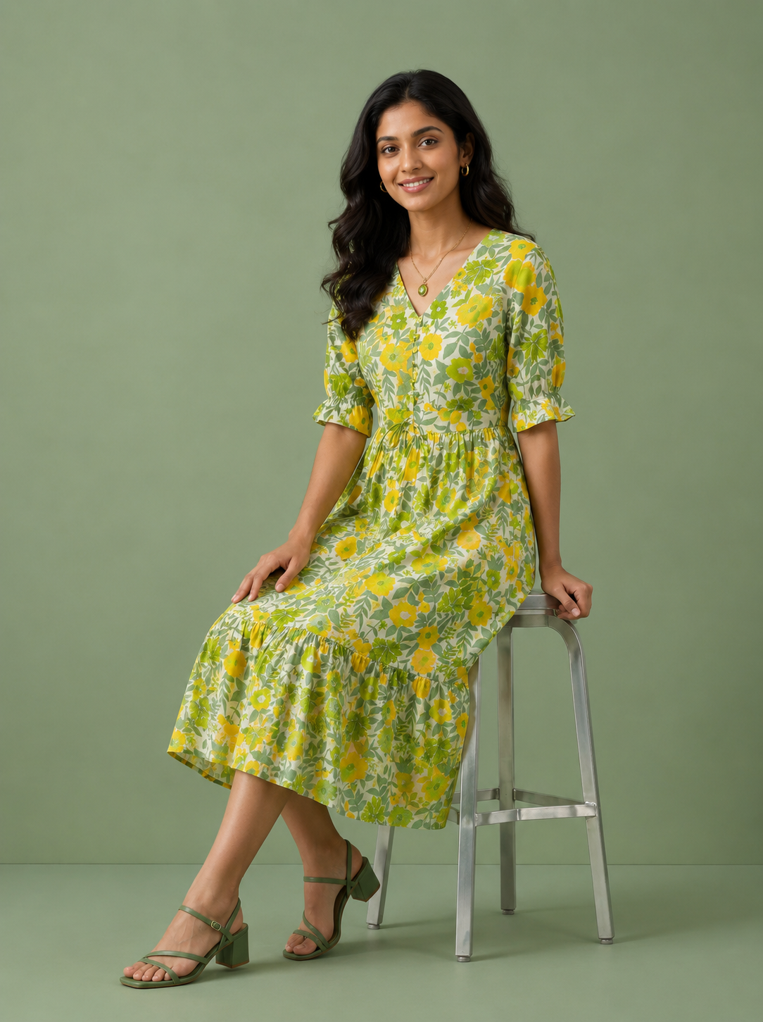 Yellow Floral Cotton Middy Dress
