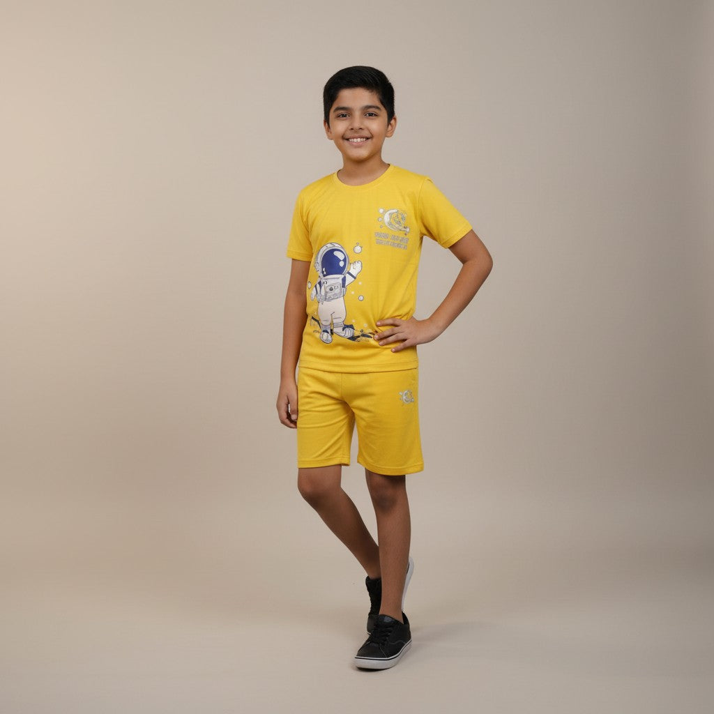 Boys Yellow Astronaut Printed Co-ord Set – T-Shirt & Shorts Set