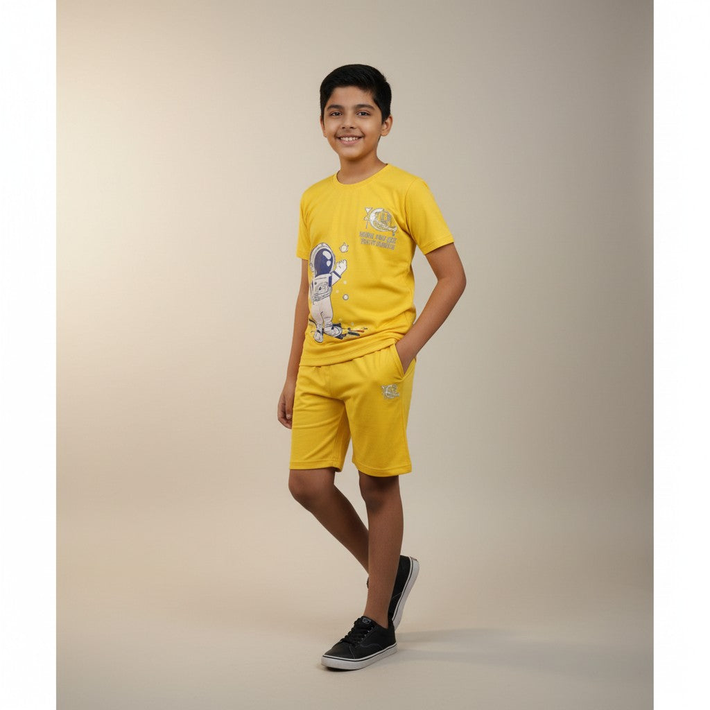 Boys Yellow Astronaut Printed Co-ord Set – T-Shirt & Shorts Set