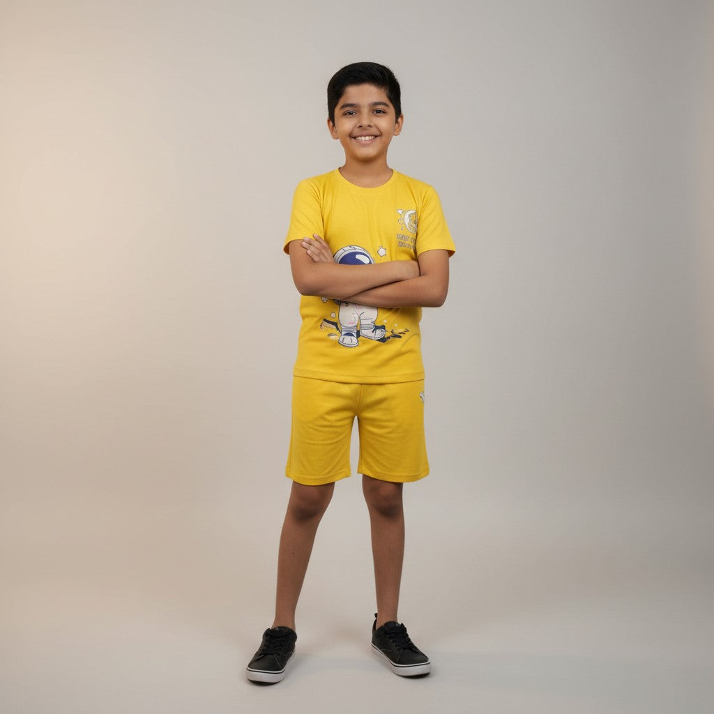 Boys Yellow Astronaut Printed Co-ord Set – T-Shirt & Shorts Set
