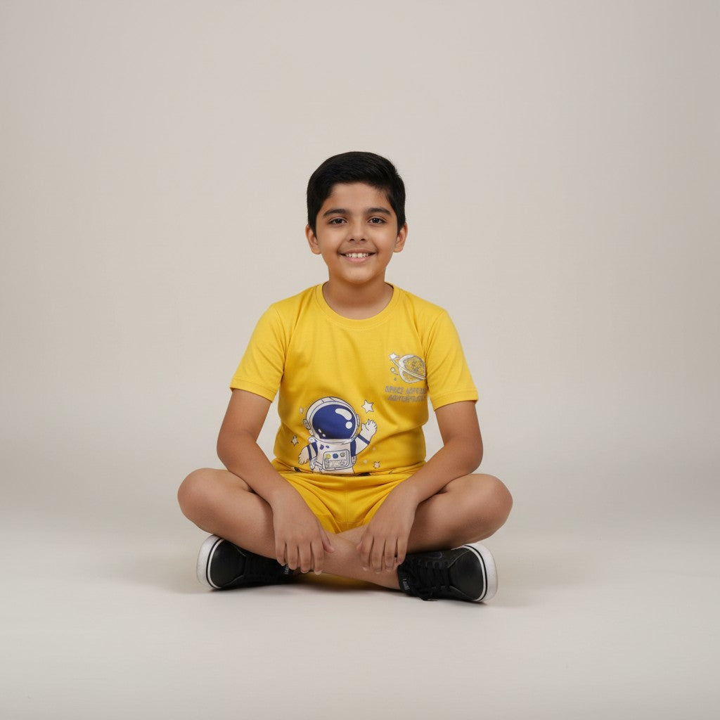 Boys Yellow Astronaut Printed Co-ord Set – T-Shirt & Shorts Set