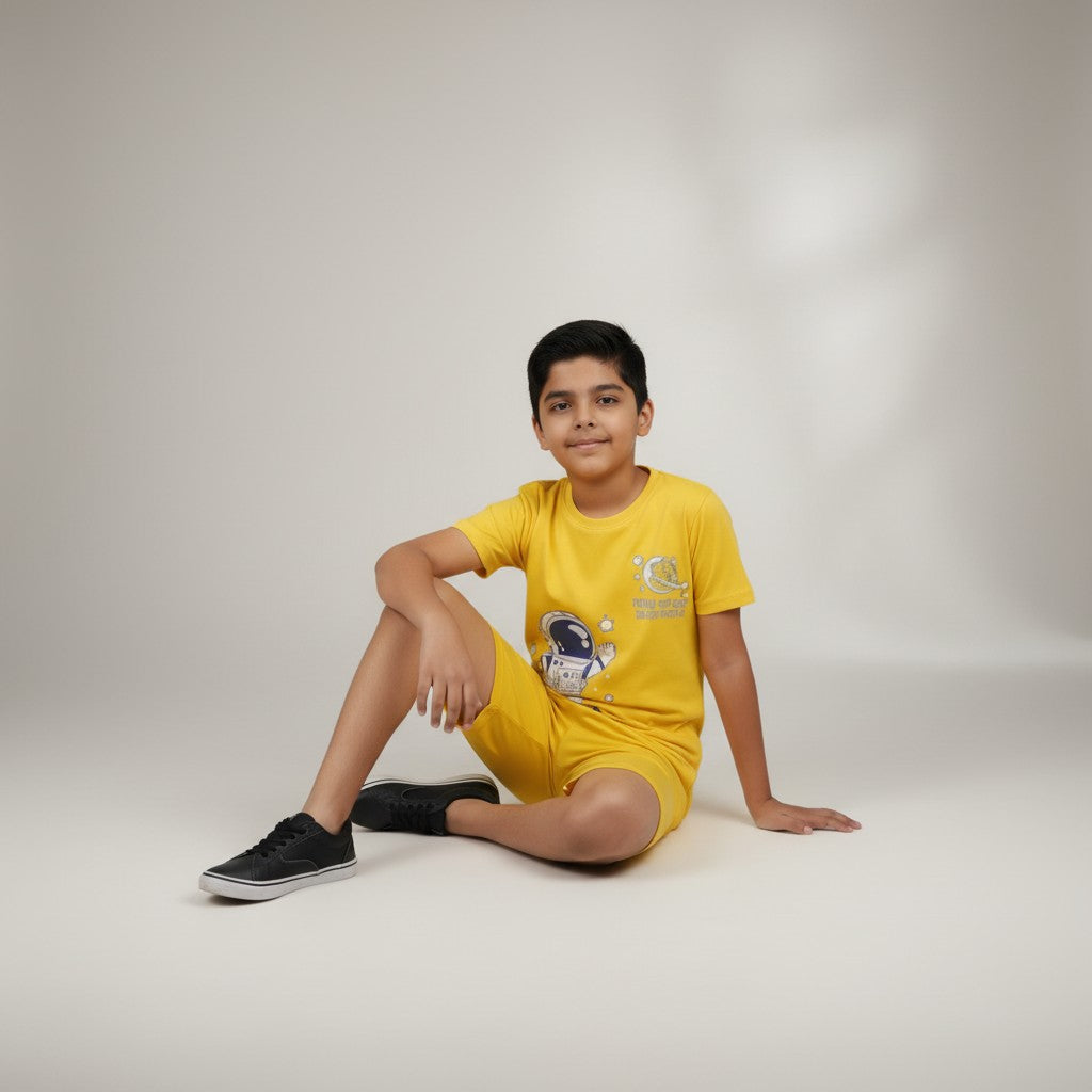 Boys Yellow Astronaut Printed Co-ord Set – T-Shirt & Shorts Set