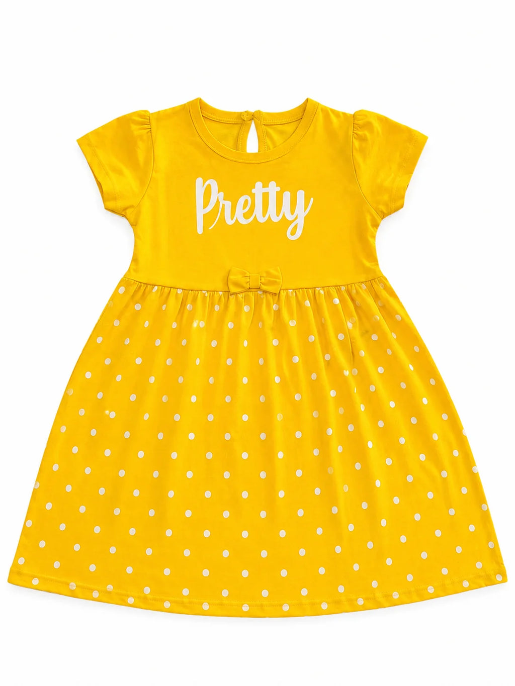 A yellow short-sleeve baby dress with white polka dots and the word 'Pretty' printed in white script across the chest, displayed on a solid white background.