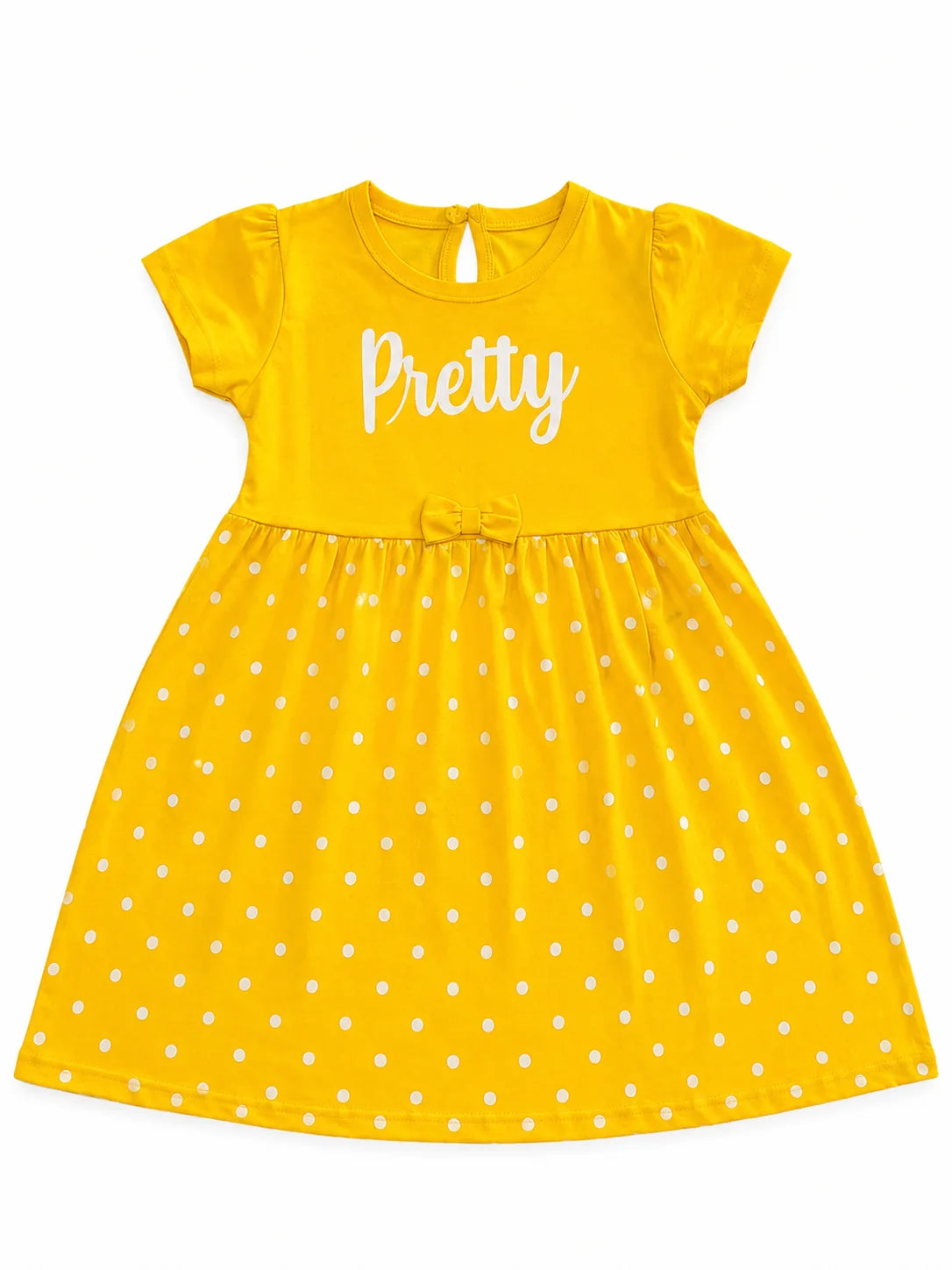 A yellow short-sleeve baby dress with white polka dots and the word 'Pretty' printed in white script across the chest, displayed on a solid white background.