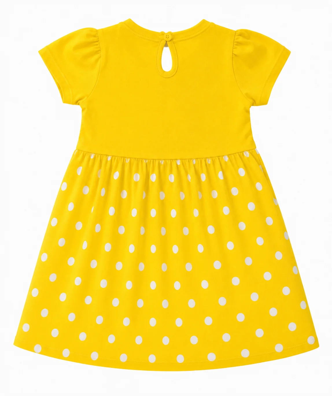 A bright yellow children's dress with white polka dots, featuring short puff sleeves, a keyhole back neckline, and a gathered skirt, shown against a plain white background.