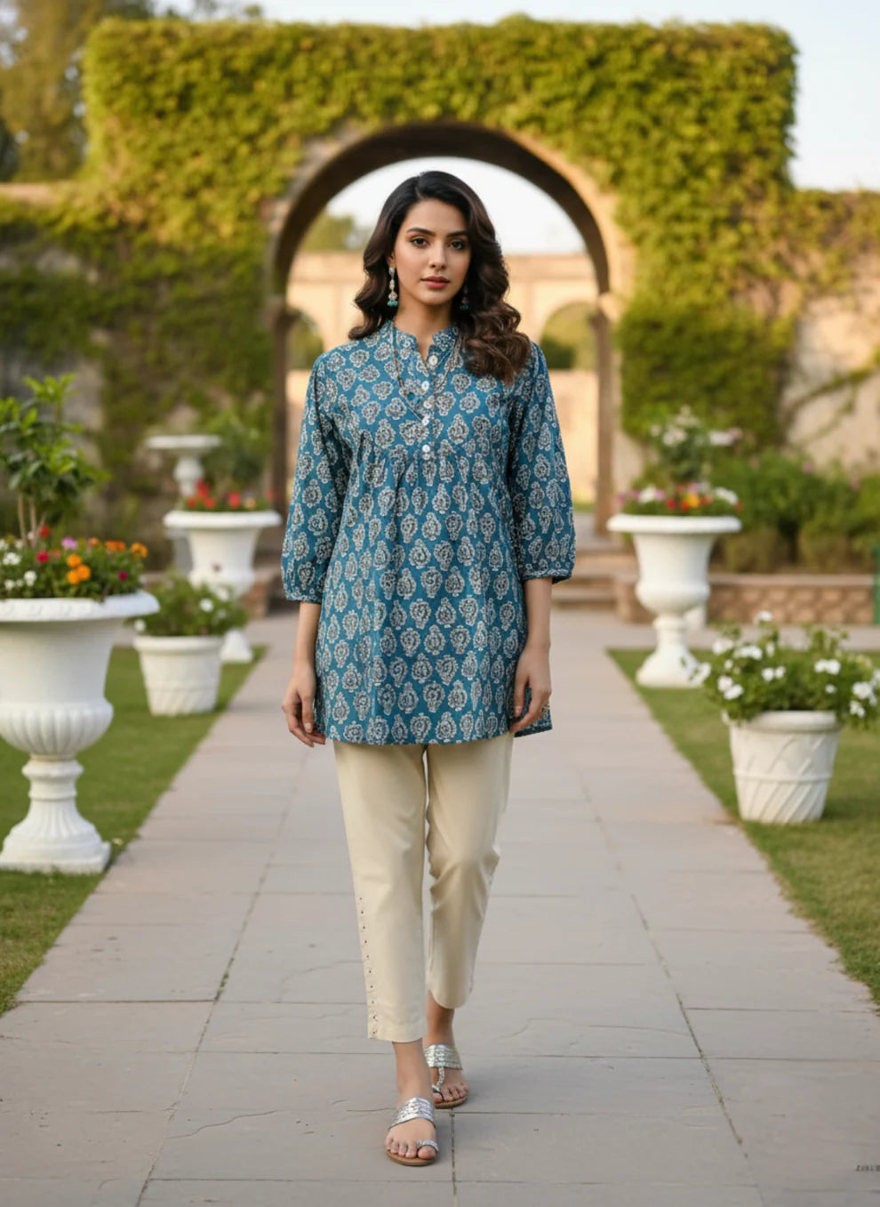 Teal Blue Pure Cotton Dabu Booti Printed Top with Mandarin Neck, Gathered Yoke & Puff Sleeves