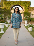 Teal Blue Pure Cotton Dabu Booti Printed Top with Mandarin Neck, Gathered Yoke & Puff Sleeves