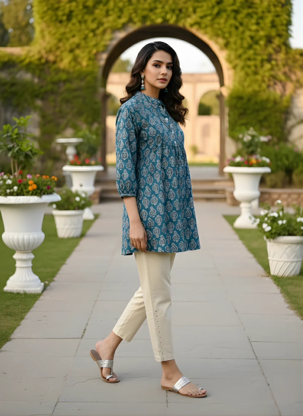 Teal Blue Pure Cotton Dabu Booti Printed Top with Mandarin Neck, Gathered Yoke & Puff Sleeves