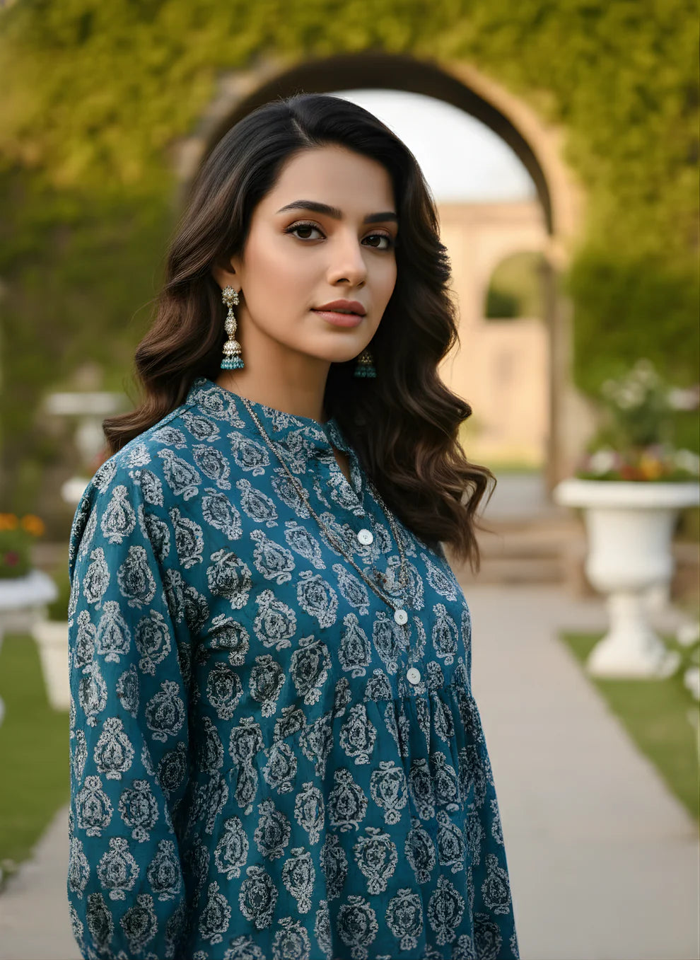 Teal Blue Pure Cotton Dabu Booti Printed Top with Mandarin Neck, Gathered Yoke & Puff Sleeves