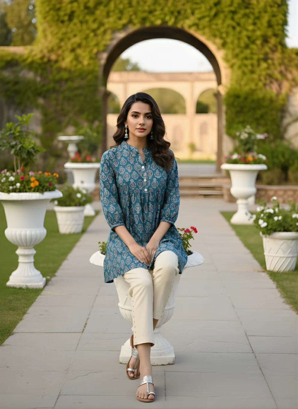 Teal Blue Pure Cotton Dabu Booti Printed Top with Mandarin Neck, Gathered Yoke & Puff Sleeves