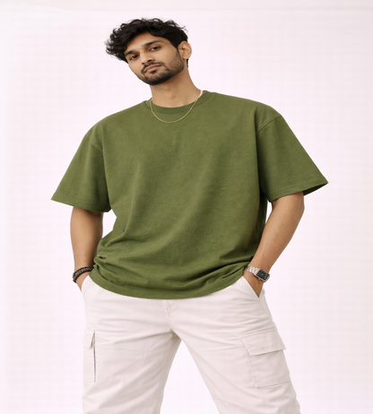 Army Green Oversized T-Shirt for Men | 240 GSM Premium French Terry Cotton | Streetwear Drop Shoulder Te