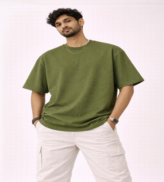 Army Green Oversized T-Shirt for Men | 240 GSM Premium French Terry Cotton | Streetwear Drop Shoulder Te