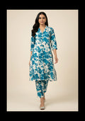 Blue Floral Cotton Blend Kurta Set for Women
