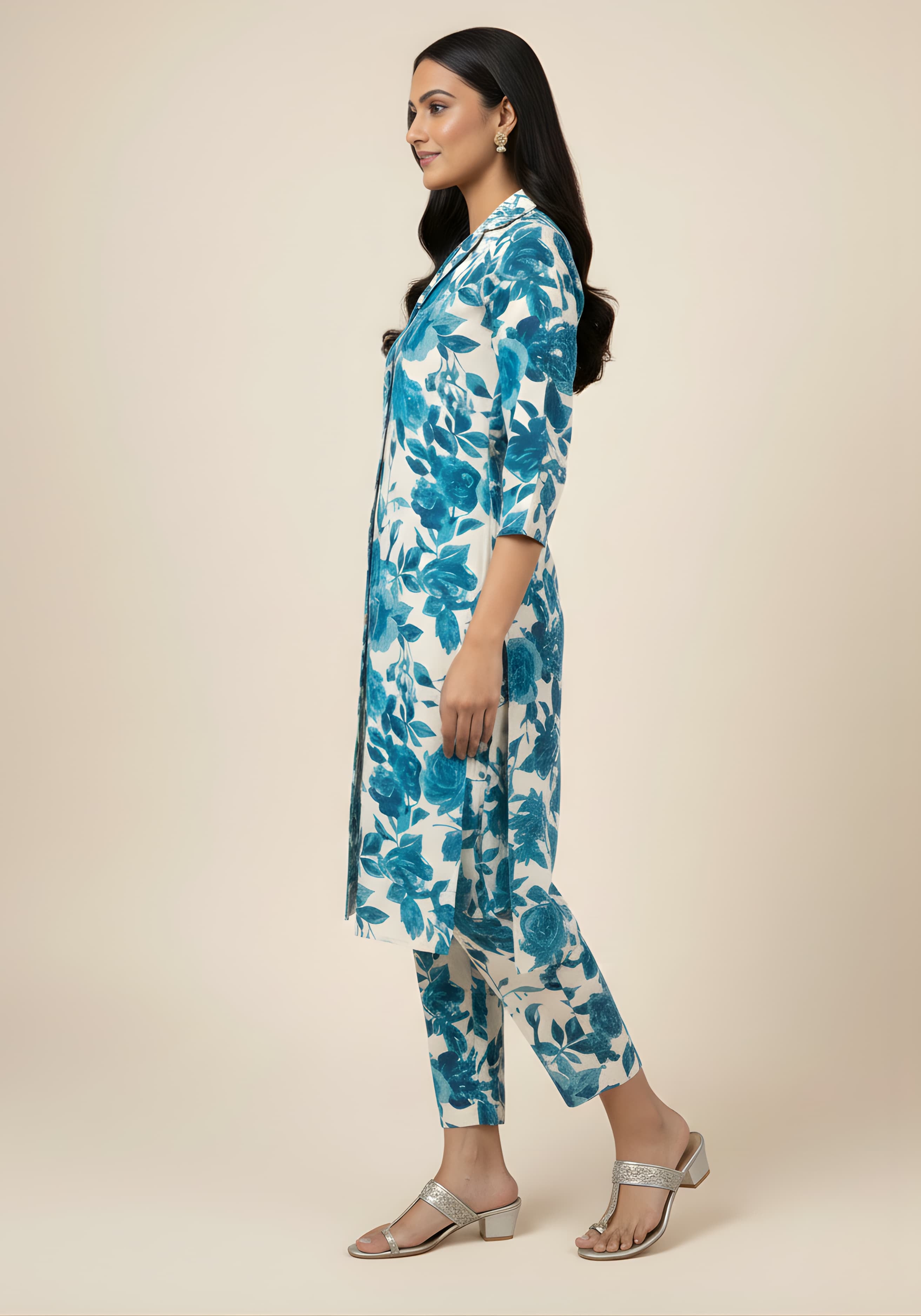 Blue Floral Cotton Blend Kurta Set for Women