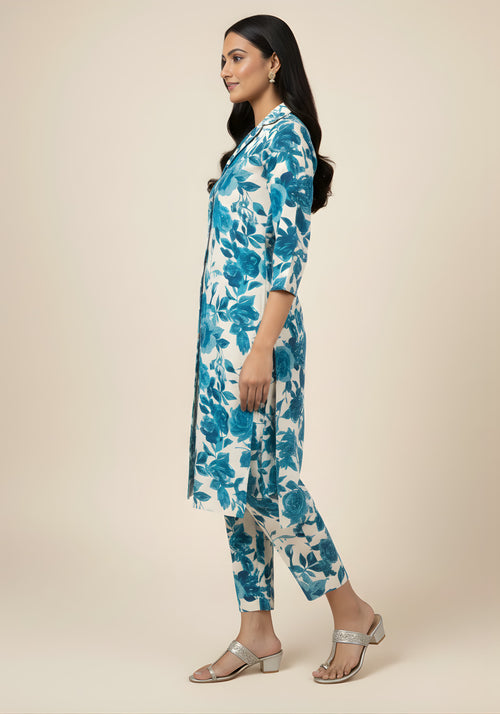 Blue Floral Cotton Blend Kurta Set for Women