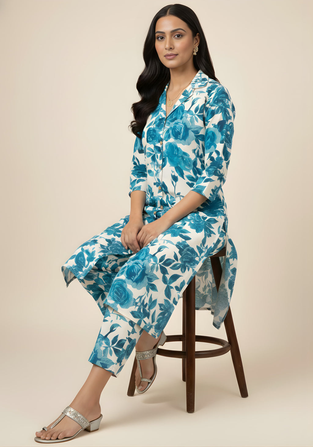 Blue Floral Cotton Blend Kurta Set for Women