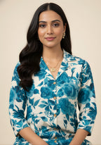 Blue Floral Cotton Blend Kurta Set for Women