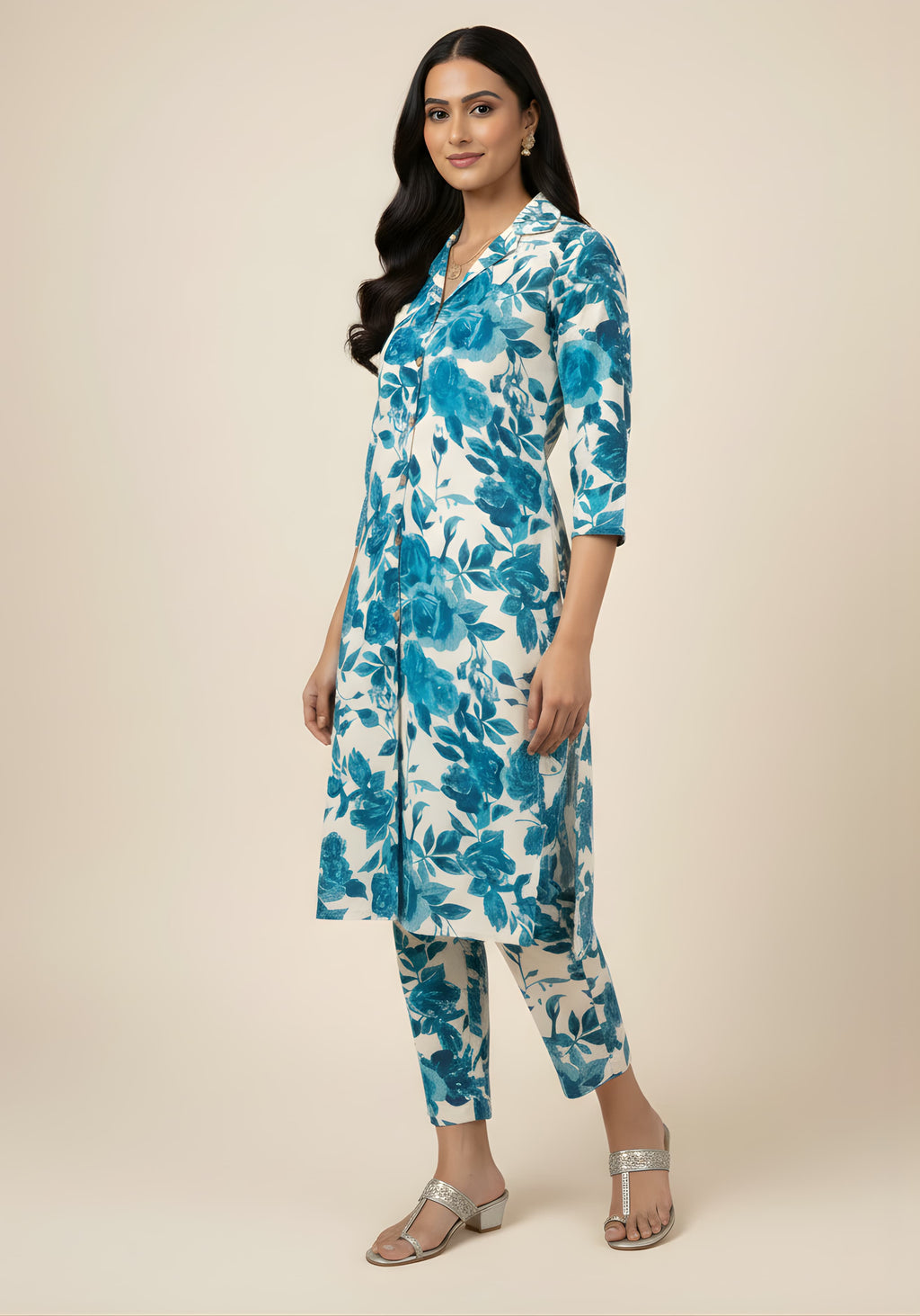 Blue Floral Cotton Blend Kurta Set for Women