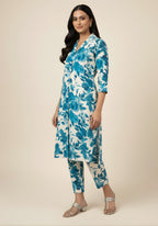 Blue Floral Cotton Blend Kurta Set for Women