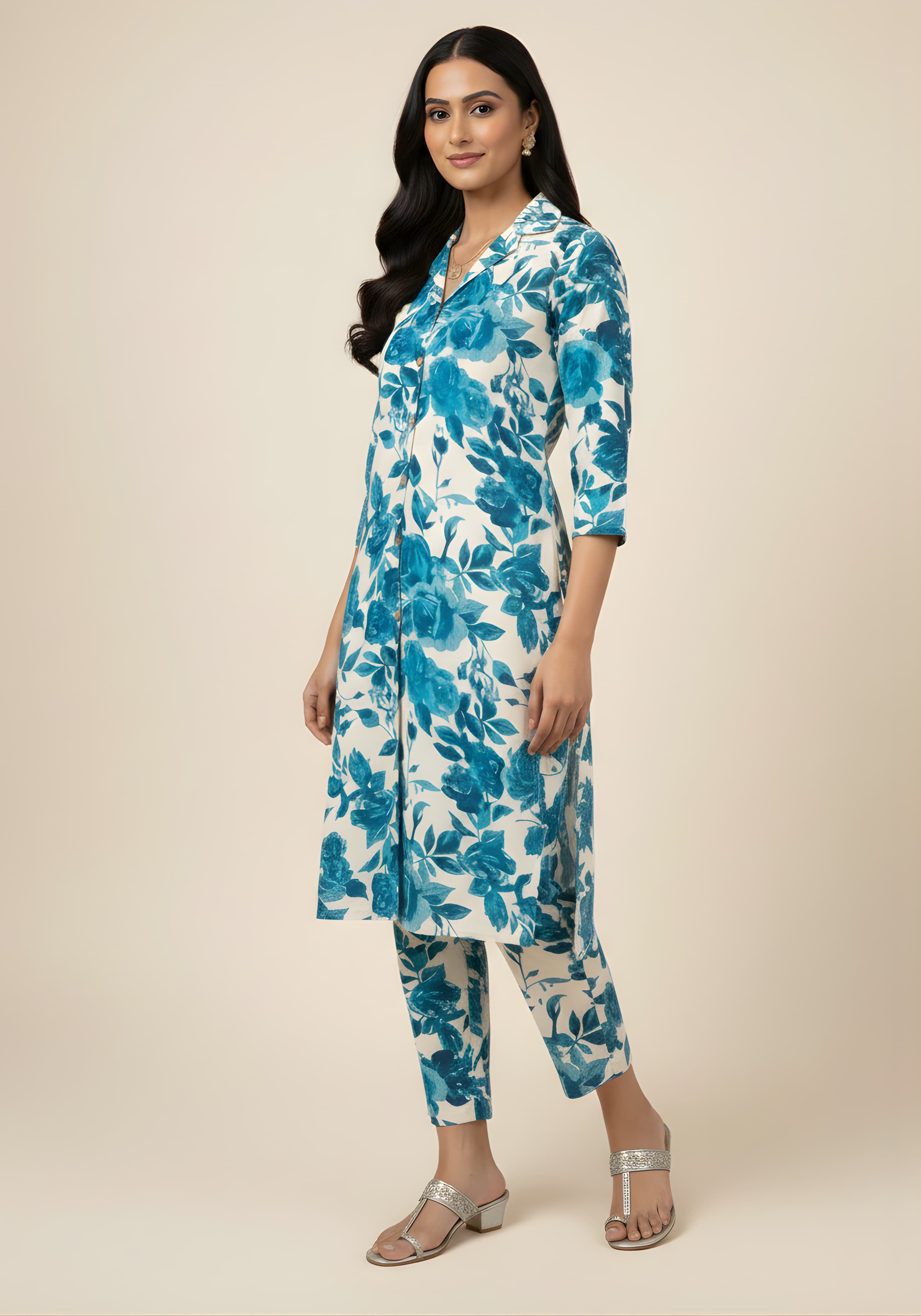 Blue Floral Cotton Blend Kurta Set for Women
