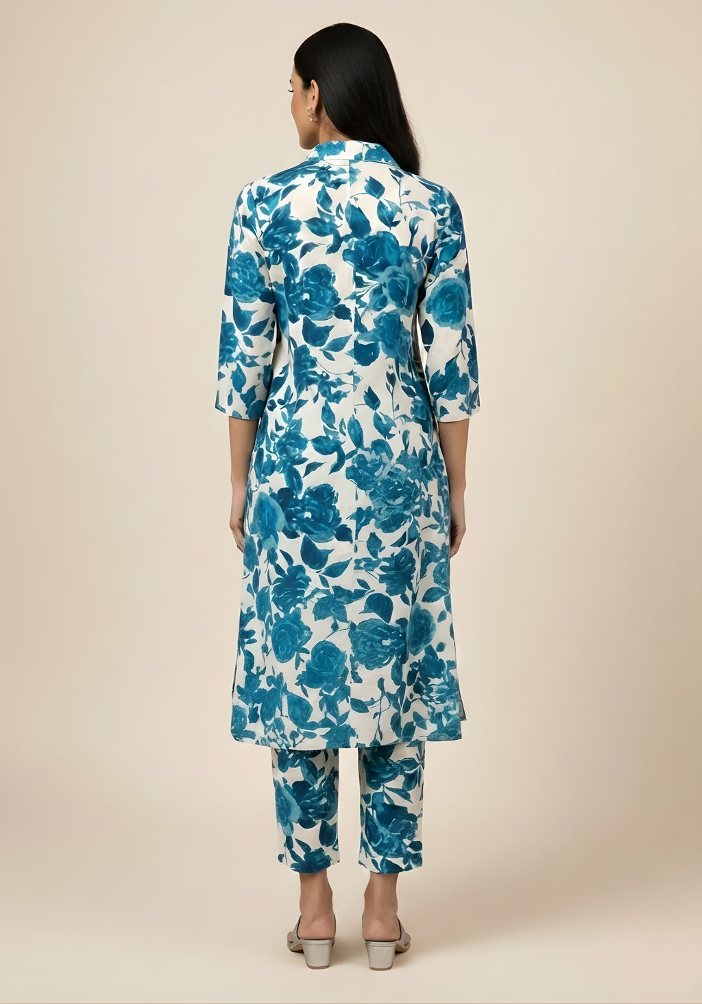 Blue Floral Cotton Blend Kurta Set for Women