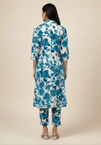 Blue Floral Cotton Blend Kurta Set for Women
