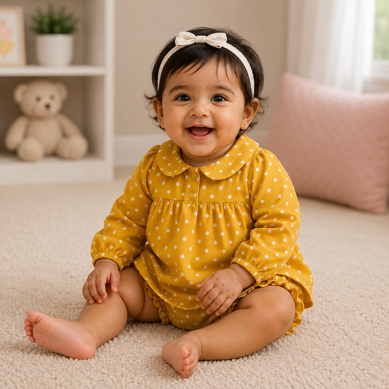 Baby Girls Mustard Yellow Polka Dot Pure Cotton Dress & Bloomer Set