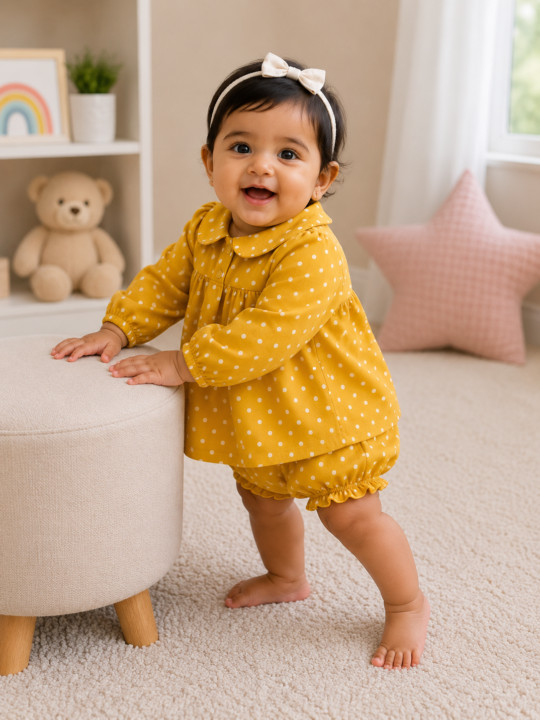 Baby Girls Mustard Yellow Polka Dot Pure Cotton Dress & Bloomer Set