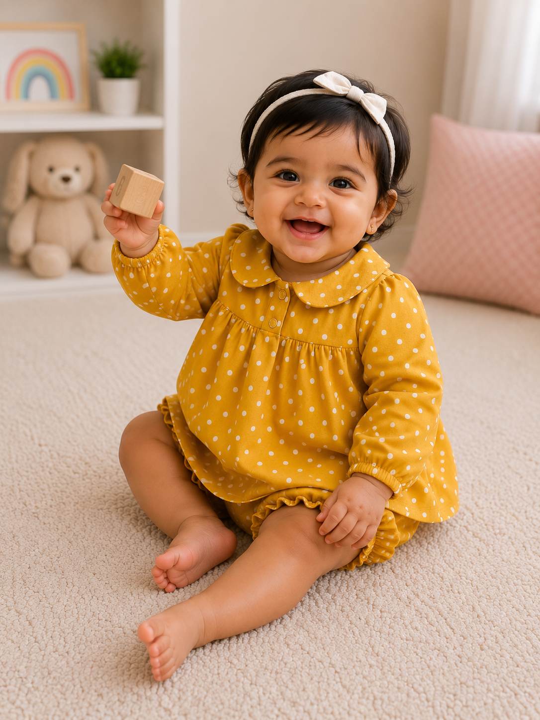 Baby Girls Mustard Yellow Polka Dot Pure Cotton Dress & Bloomer Set
