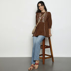 Women’s Brown Cotton Embroidered Short Top