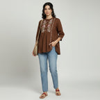 Women’s Brown Cotton Embroidered Short Top