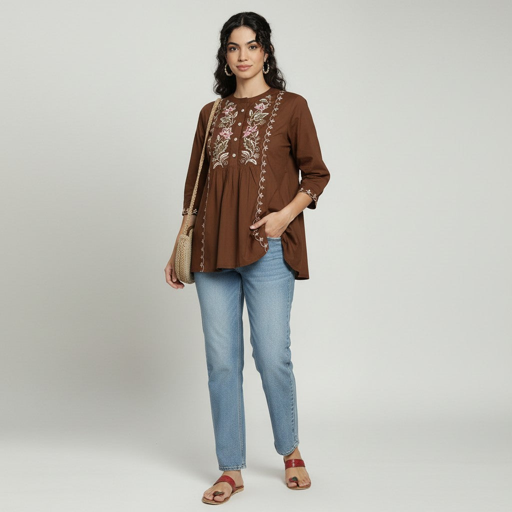 Women’s Brown Cotton Embroidered Short Top