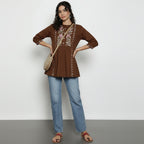 Women’s Brown Cotton Embroidered Short Top