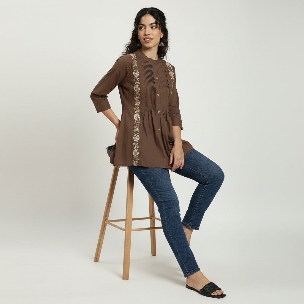 Women’s Chocolate Brown Cotton Pleated & Embroidered Short Top