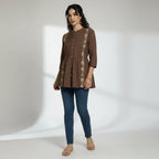 Women’s Chocolate Brown Cotton Pleated & Embroidered Short Top