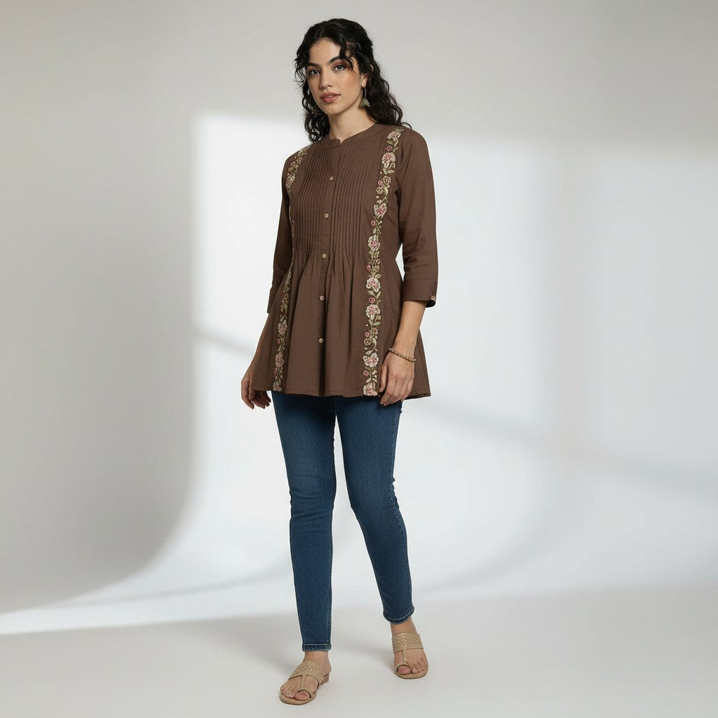 Women’s Chocolate Brown Cotton Pleated & Embroidered Short Top