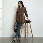 Women’s Chocolate Brown Cotton Pleated & Embroidered Short Top