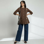 Women’s Chocolate Brown Cotton Pleated & Embroidered Short Top