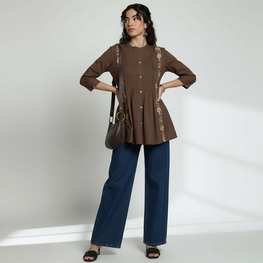 Women’s Chocolate Brown Cotton Pleated & Embroidered Short Top