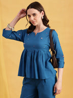 Women’s Cotton Co-Ord Set – Elegant Olive Green Top & Wide Pants