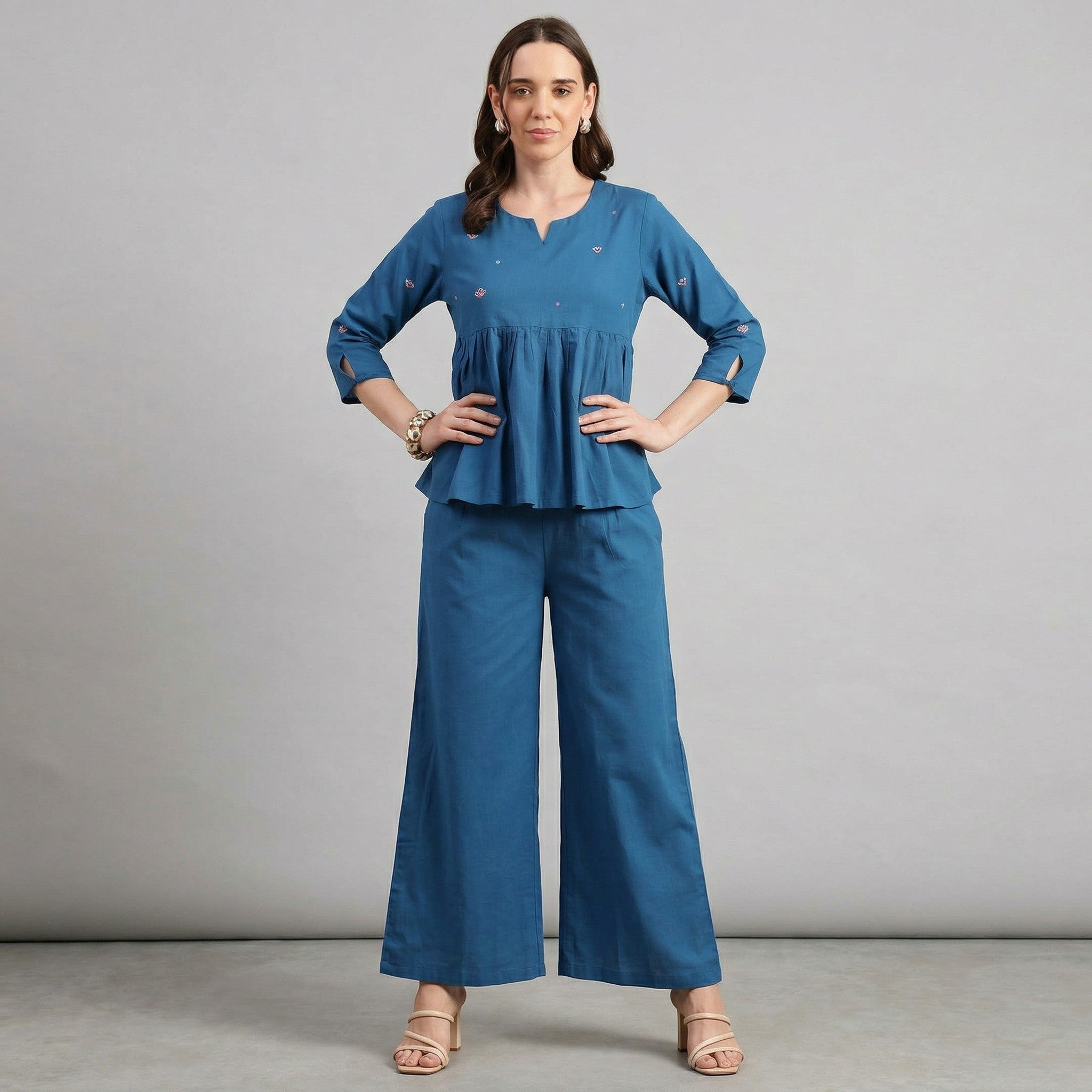 Women’s Cotton Co-Ord Set – Elegant Olive Green Top & Wide Pants