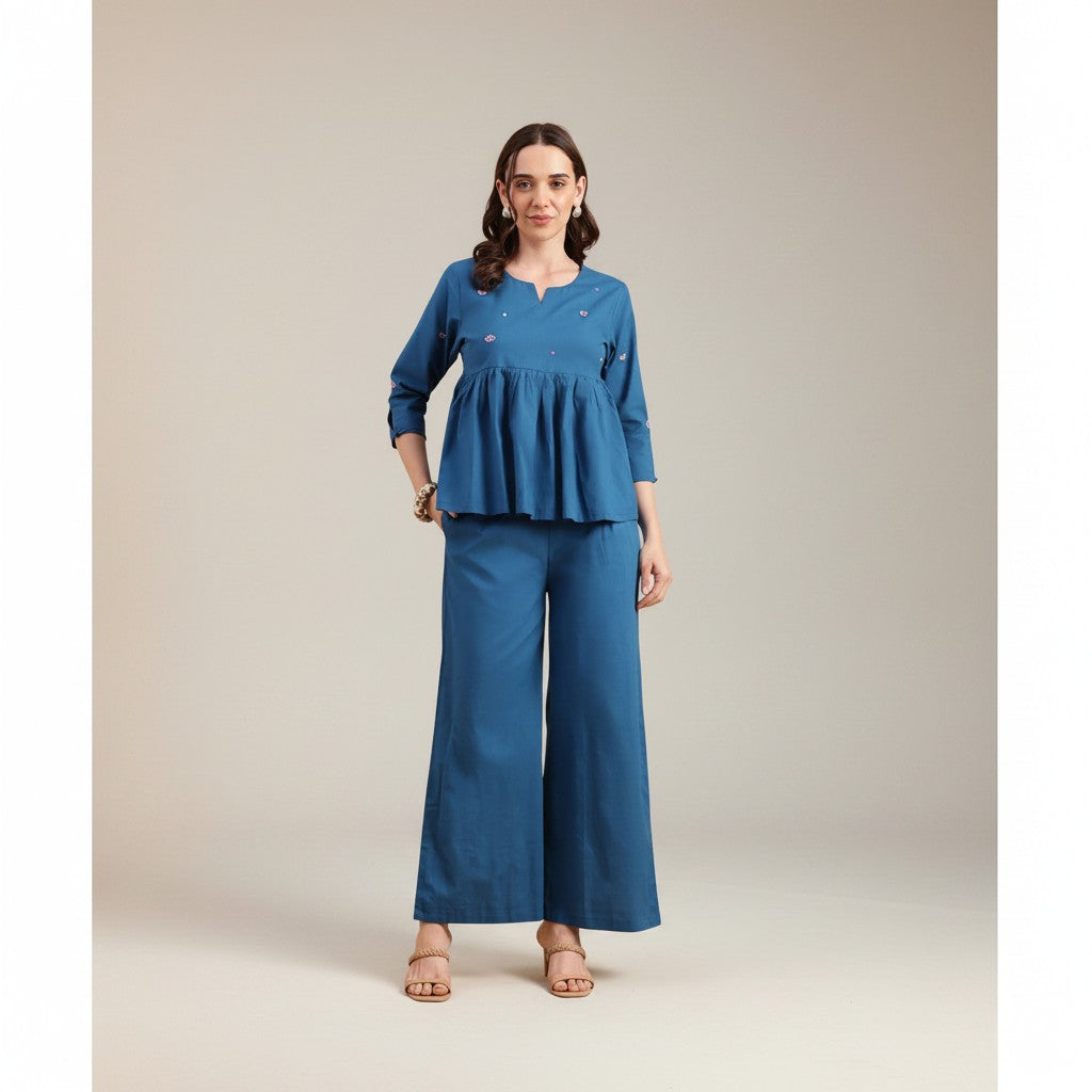 Women’s Cotton Co-Ord Set – Elegant Olive Green Top & Wide Pants