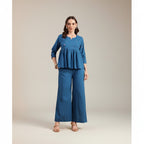 Women’s Cotton Co-Ord Set – Elegant Olive Green Top & Wide Pants