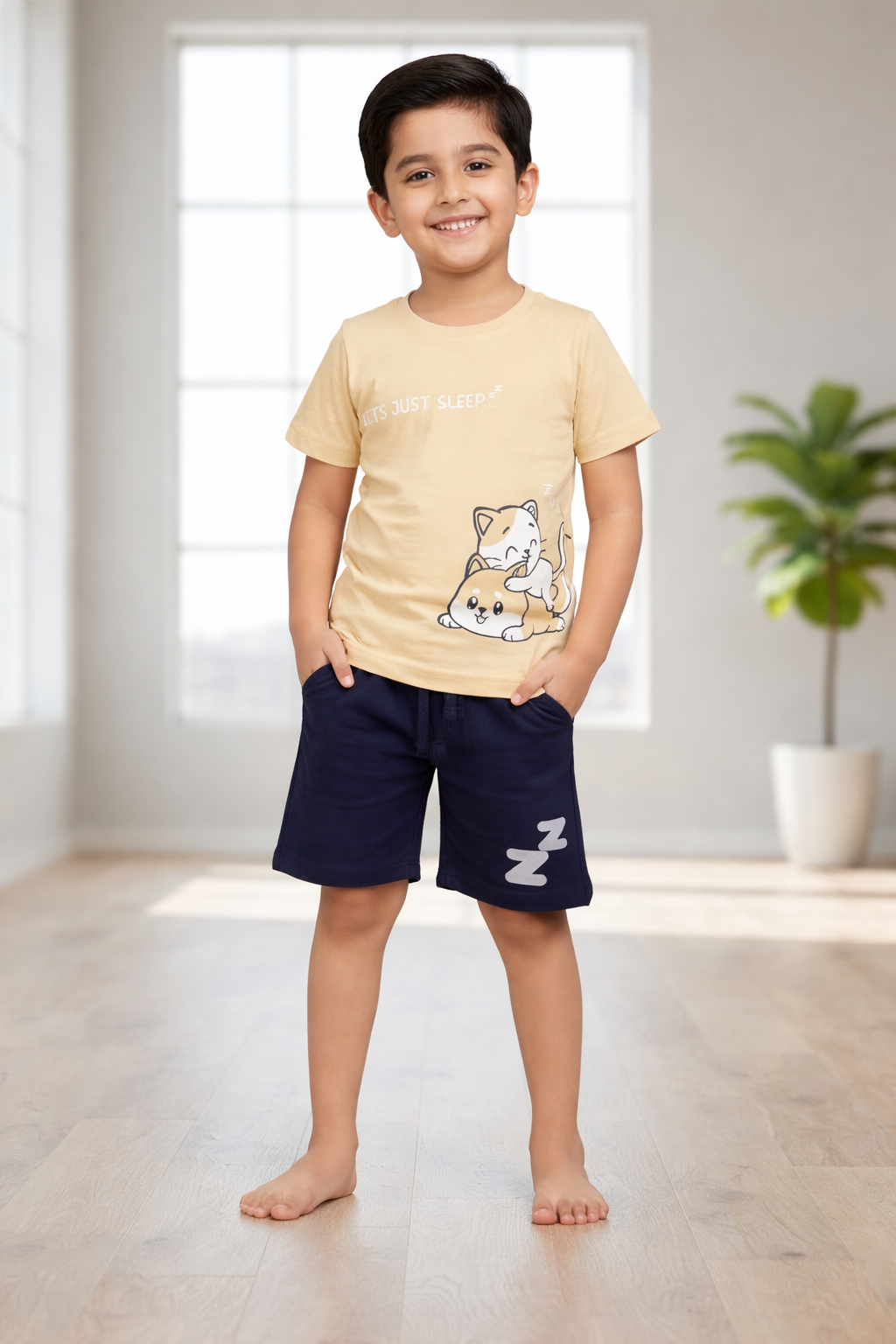 Kids Pure Cotton Printed T-Shirt & Shorts Set – Beige & Navy | Soft Comfort Co-ord